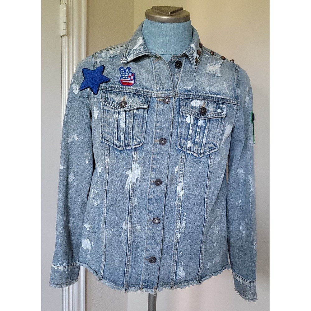 Tinsel Denim Couture Blue Star-Studded distressed‎ Jean jacket SIZE MED